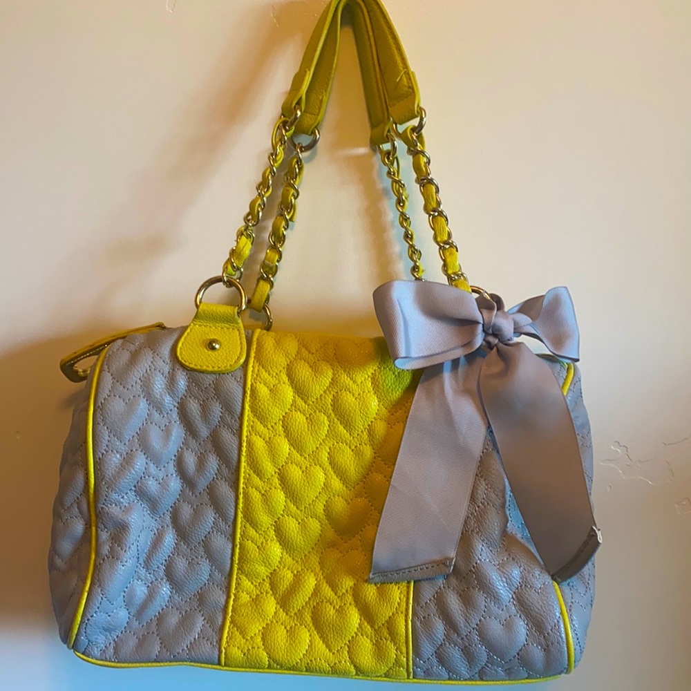 Betsey Johnson Gray Yellow Quilted Heart Bag